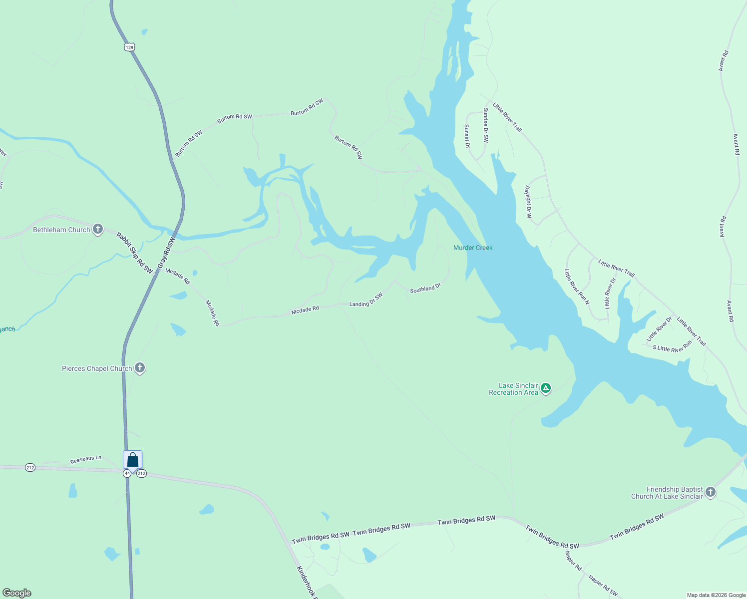 map of restaurants, bars, coffee shops, grocery stores, and more near 108-200 Landing Drive Southwest in Eatonton