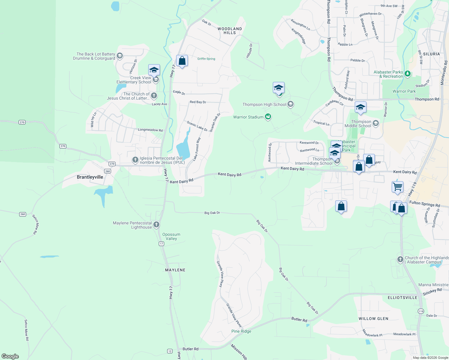 map of restaurants, bars, coffee shops, grocery stores, and more near 450 Kent Dairy Road in Shelby County