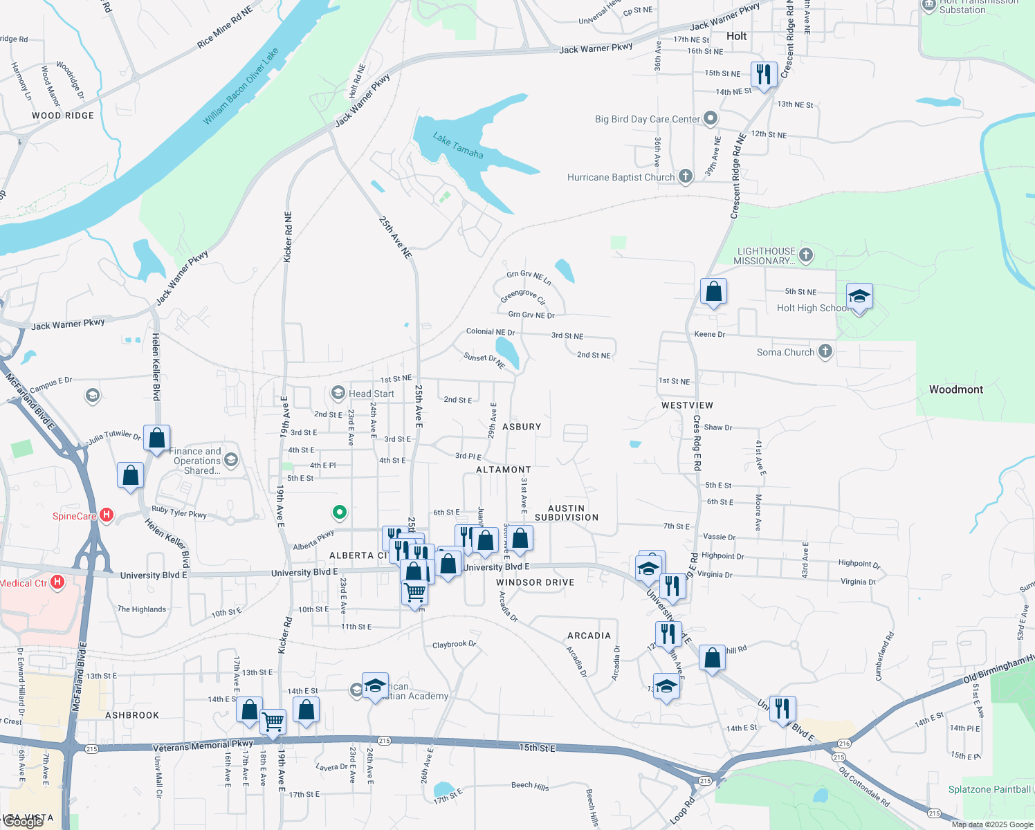 map of restaurants, bars, coffee shops, grocery stores, and more near 209 30th Avenue East in Tuscaloosa