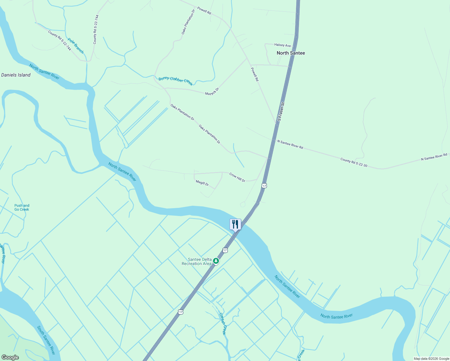 map of restaurants, bars, coffee shops, grocery stores, and more near 55 Santee Landing Road in Georgetown
