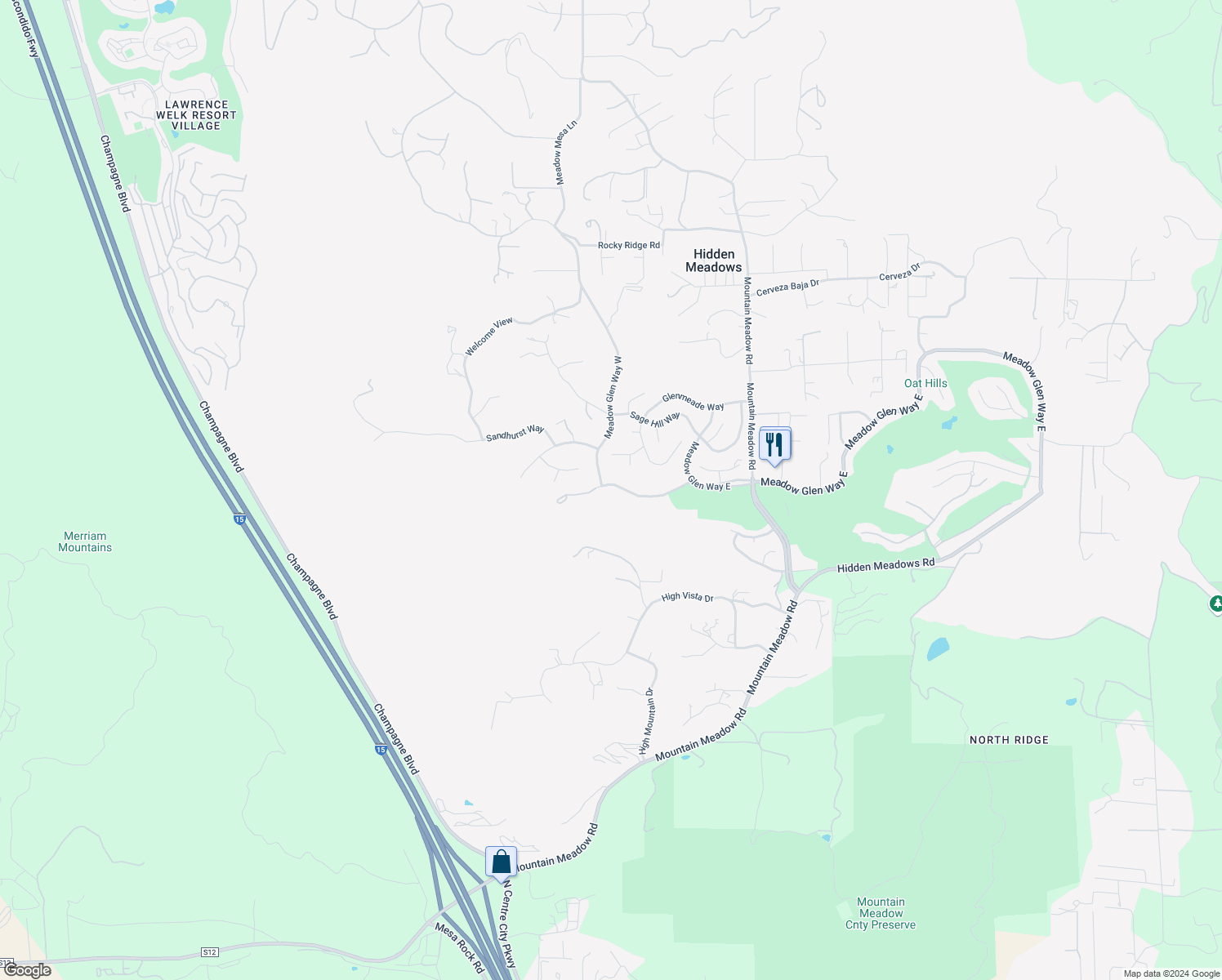 map of restaurants, bars, coffee shops, grocery stores, and more near 28279 Meadow Glen Way West in Escondido