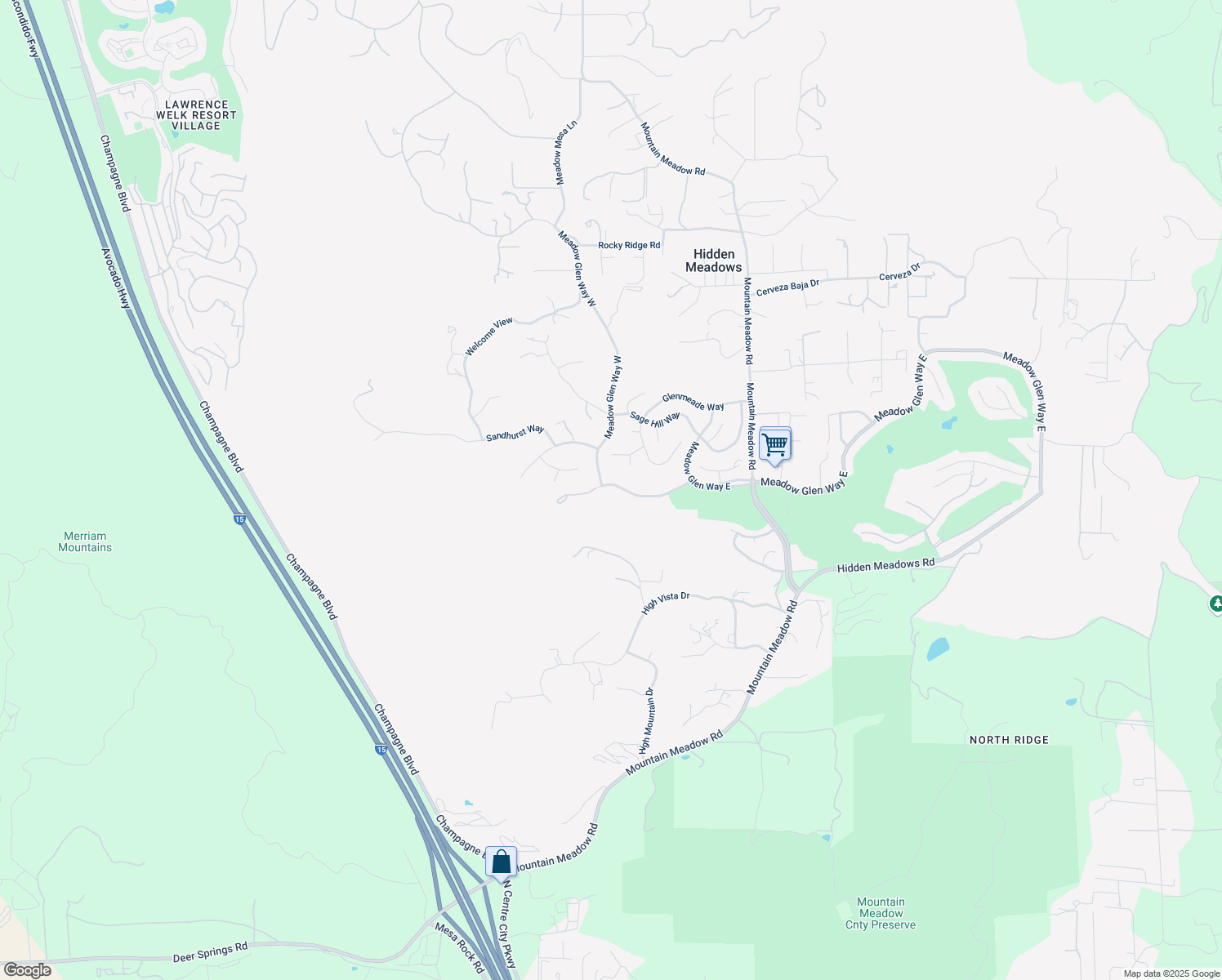 map of restaurants, bars, coffee shops, grocery stores, and more near 28279 Meadow Glen Way West in Escondido