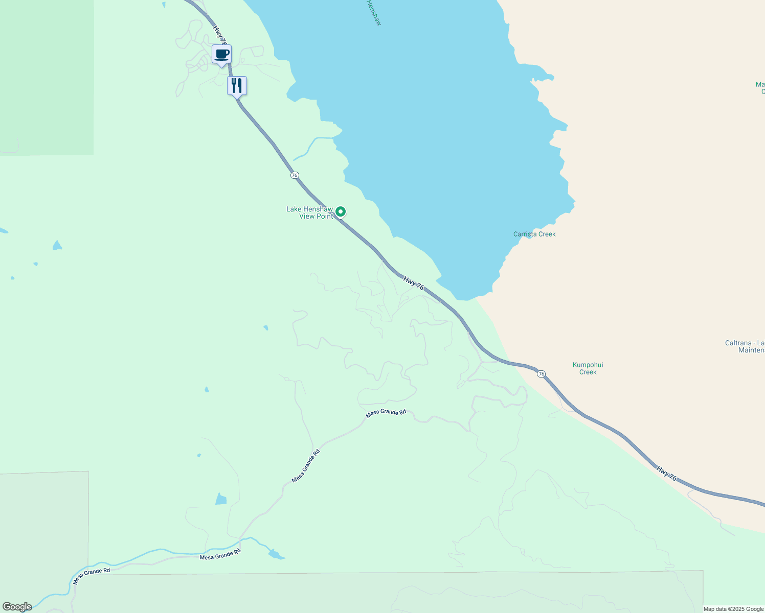 map of restaurants, bars, coffee shops, grocery stores, and more near 26455 California 76 in Santa Ysabel