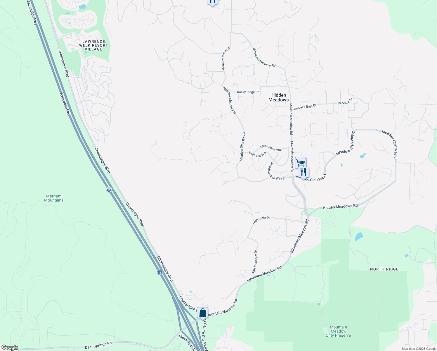 map of restaurants, bars, coffee shops, grocery stores, and more near 9617 Galatea Lane in Escondido