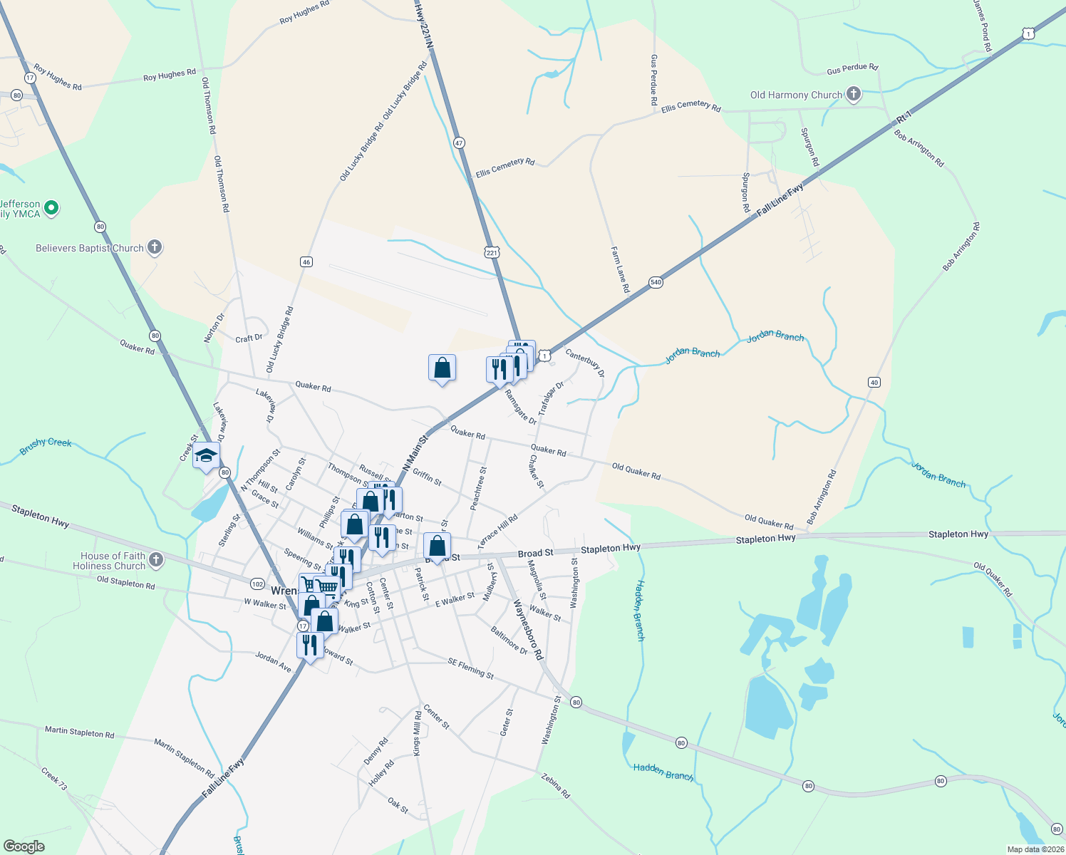 map of restaurants, bars, coffee shops, grocery stores, and more near 105 Trafalgar Dr in Wrens