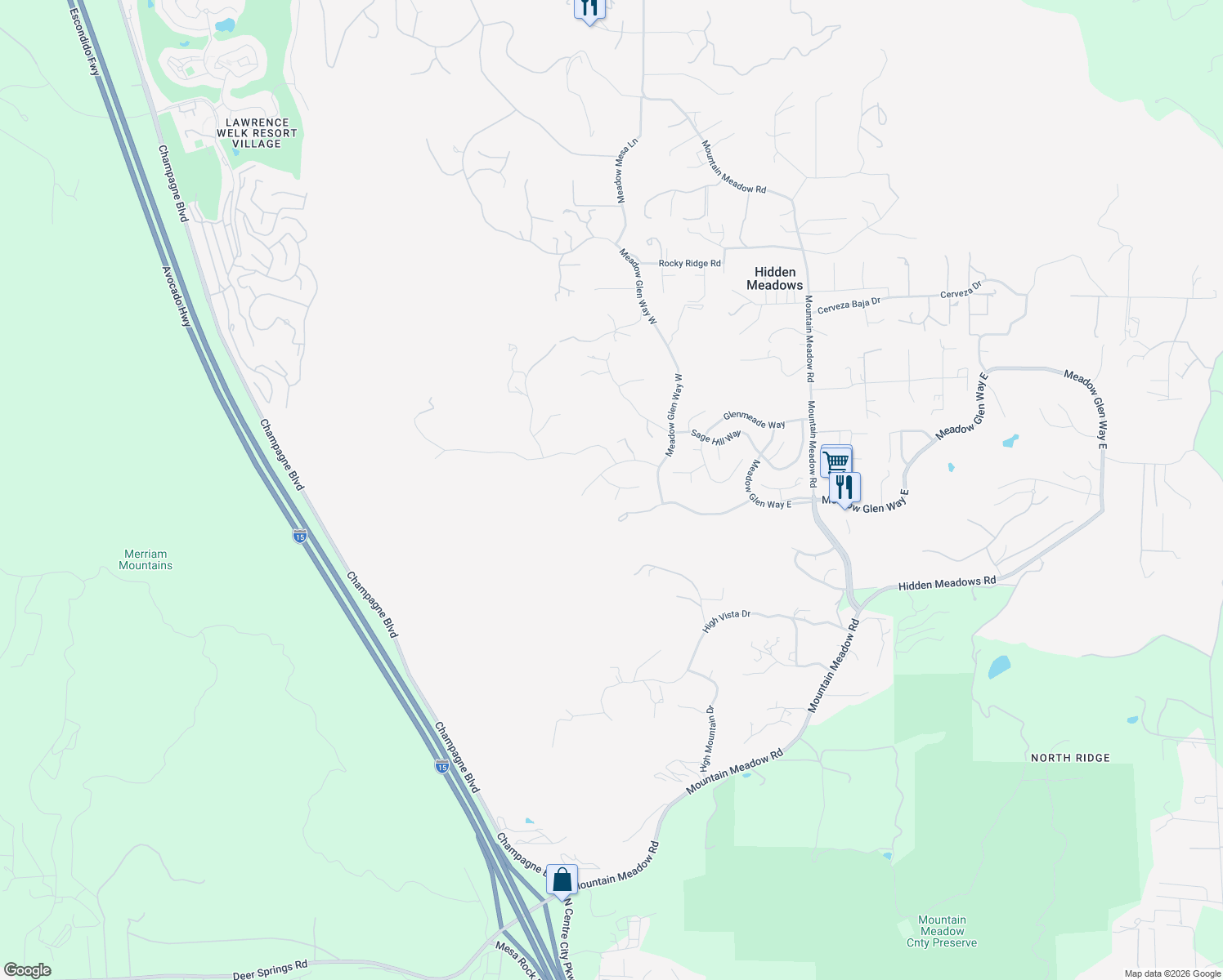 map of restaurants, bars, coffee shops, grocery stores, and more near 28328 Kettering Lane in Escondido