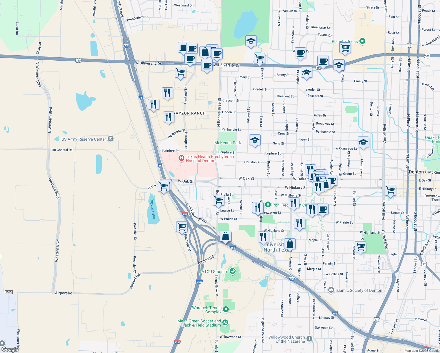 map of restaurants, bars, coffee shops, grocery stores, and more near 2310 West Oak Street in Denton