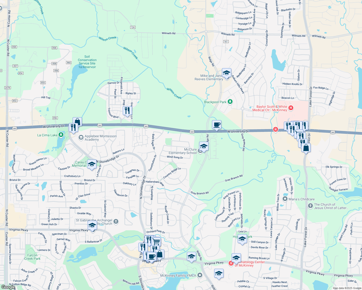 map of restaurants, bars, coffee shops, grocery stores, and more near 6408 Valley View Dr in McKinney