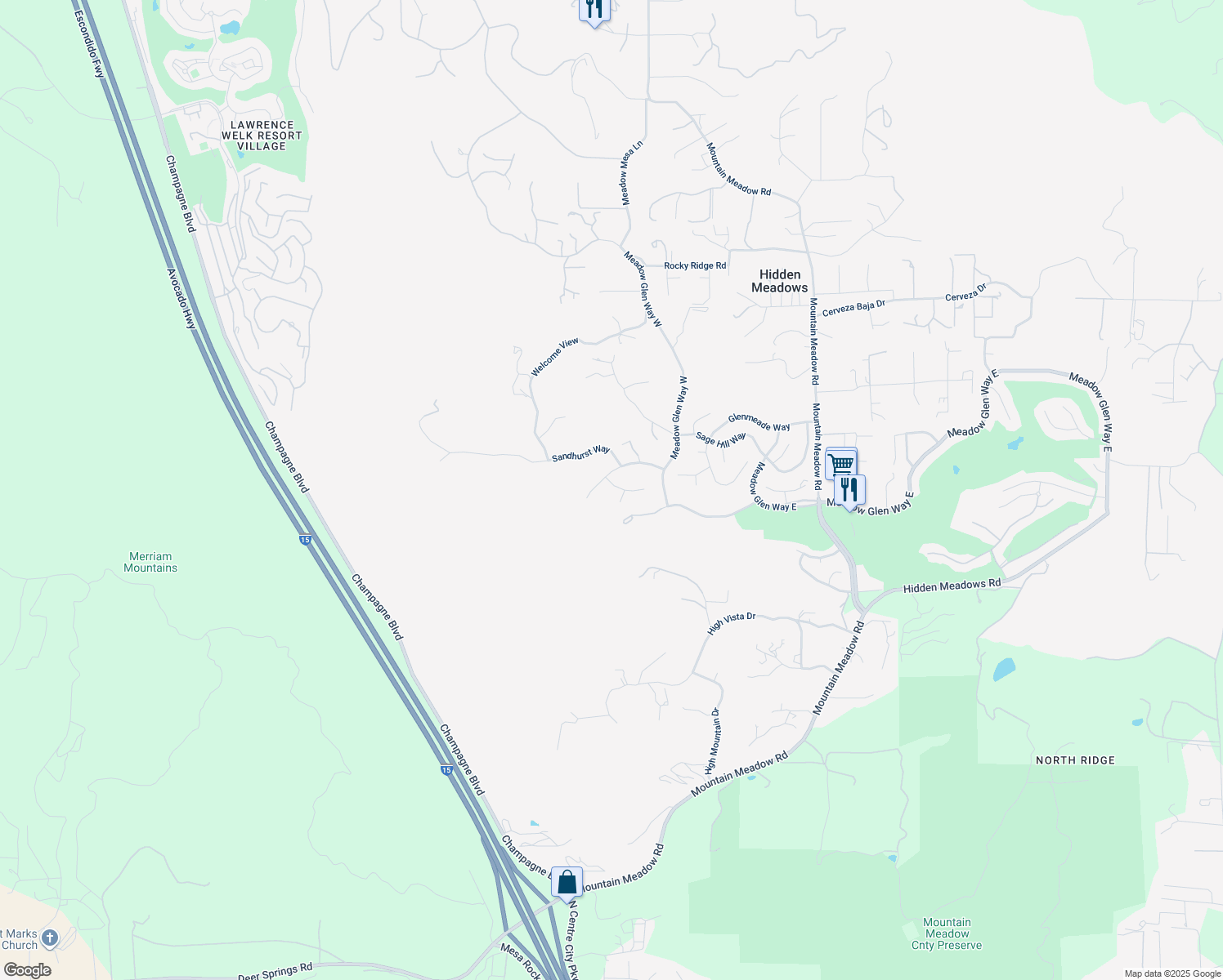 map of restaurants, bars, coffee shops, grocery stores, and more near 9617 Galatea Lane in Escondido