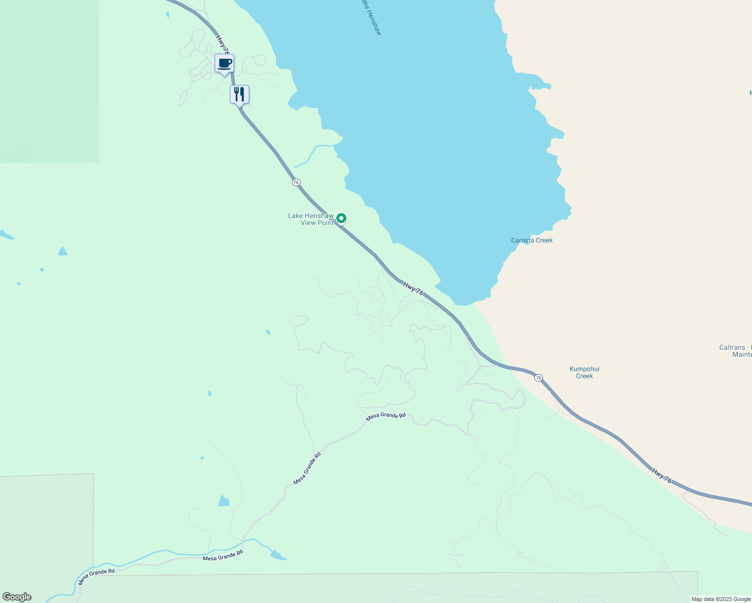 map of restaurants, bars, coffee shops, grocery stores, and more near 26455 California 76 in Santa Ysabel