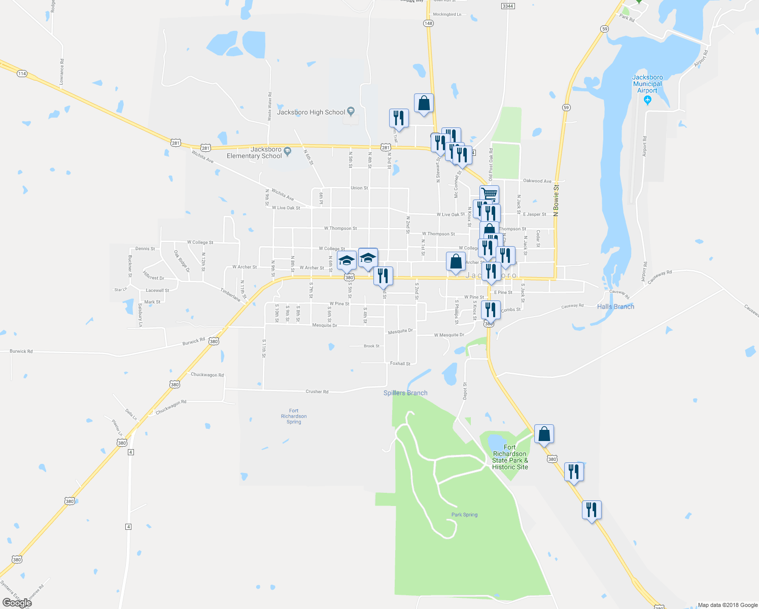 map of restaurants, bars, coffee shops, grocery stores, and more near 635 West Pine Street in Jacksboro