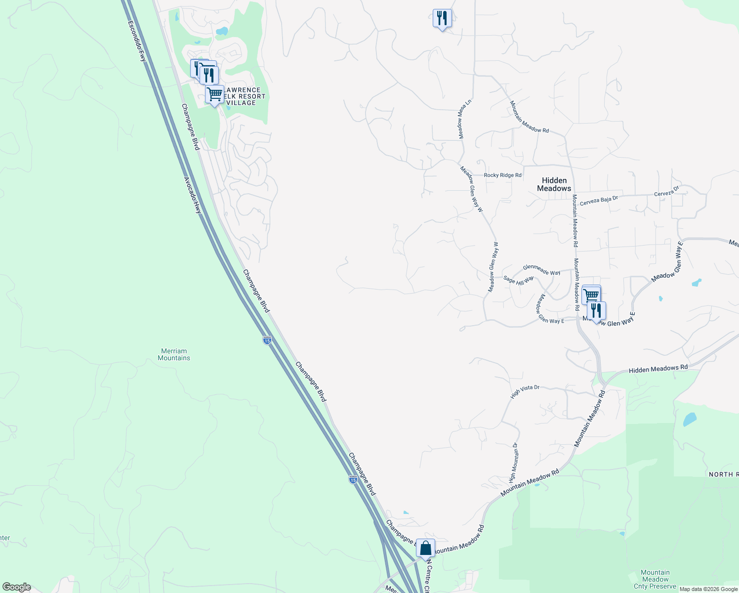 map of restaurants, bars, coffee shops, grocery stores, and more near 28720 Sandhurst Way in Escondido
