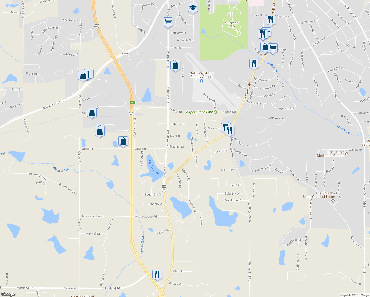 map of restaurants, bars, coffee shops, grocery stores, and more near 222 Brashier Street in Griffin