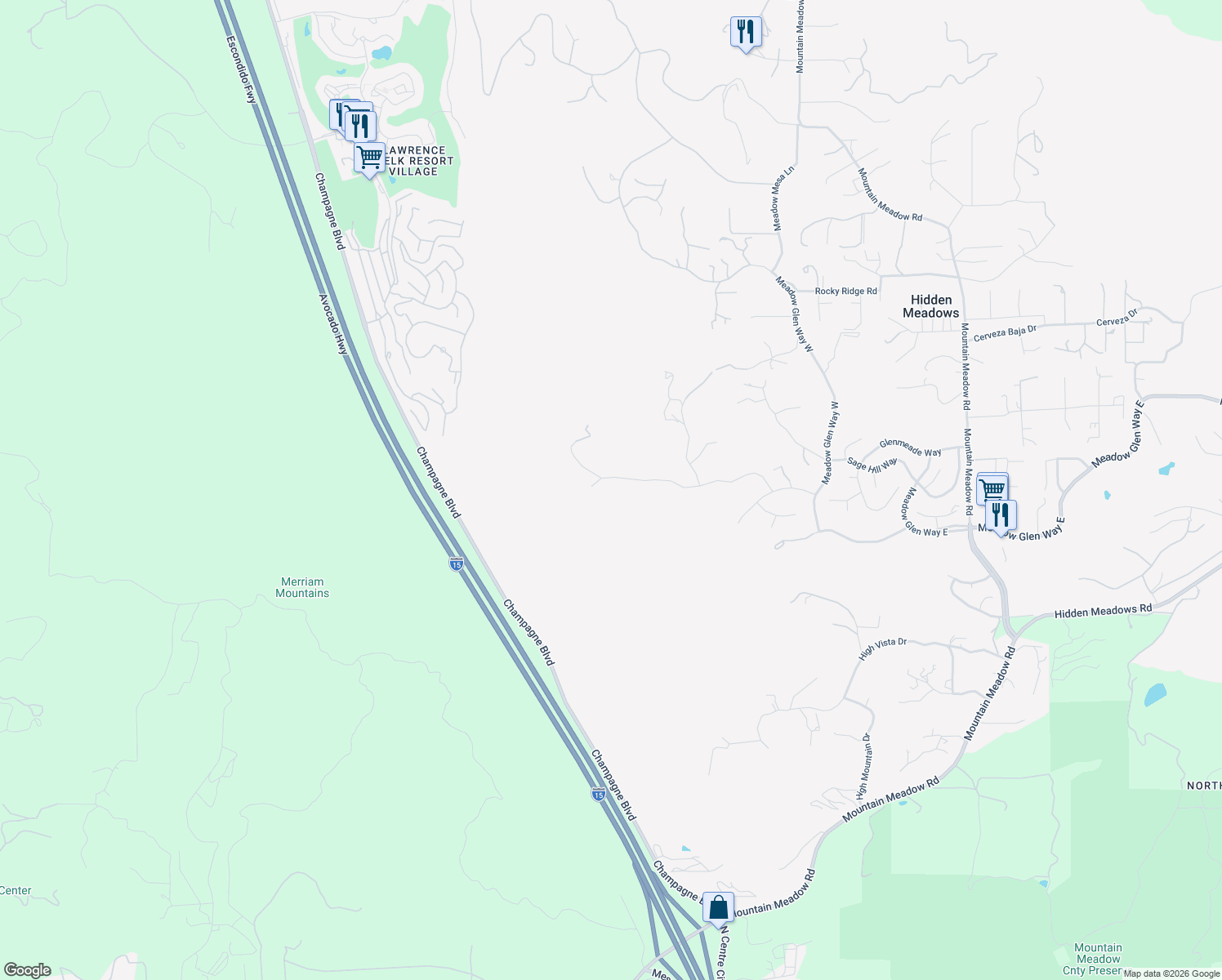 map of restaurants, bars, coffee shops, grocery stores, and more near 28720 Sandhurst Way in Escondido