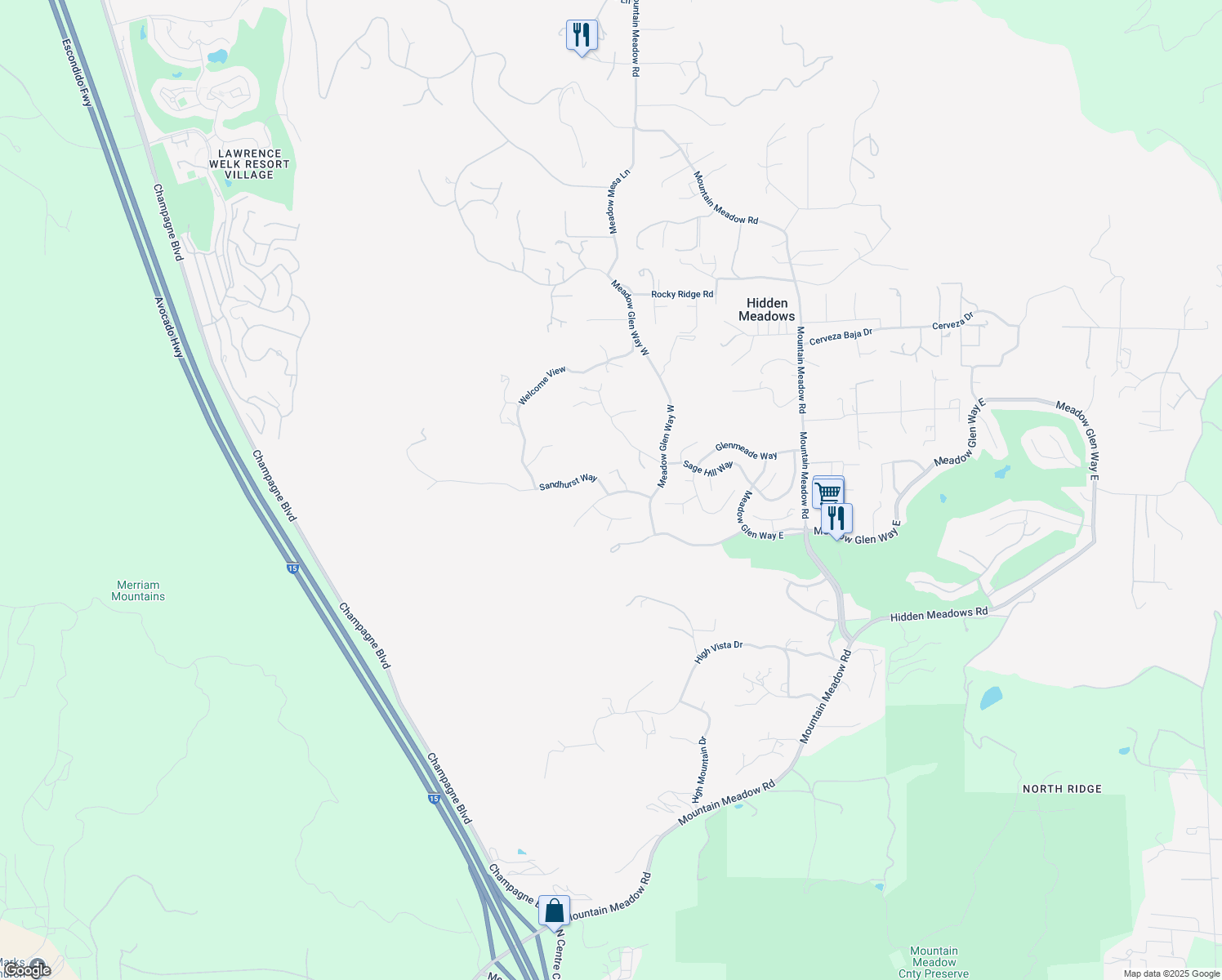 map of restaurants, bars, coffee shops, grocery stores, and more near 9704 Indian Creek Way in Escondido