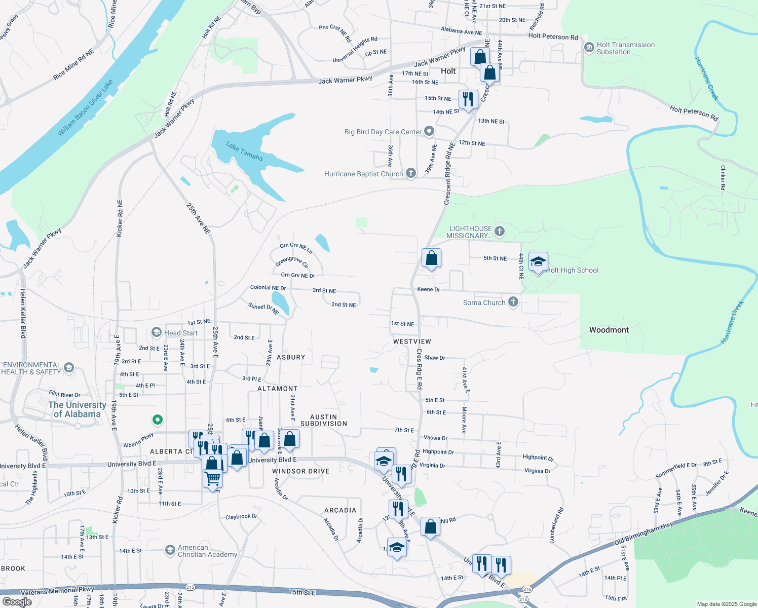 map of restaurants, bars, coffee shops, grocery stores, and more near 420 Crescent Lane in Tuscaloosa