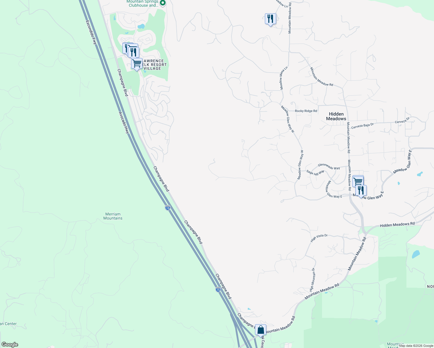 map of restaurants, bars, coffee shops, grocery stores, and more near 28751 Sandhurst Way in Escondido