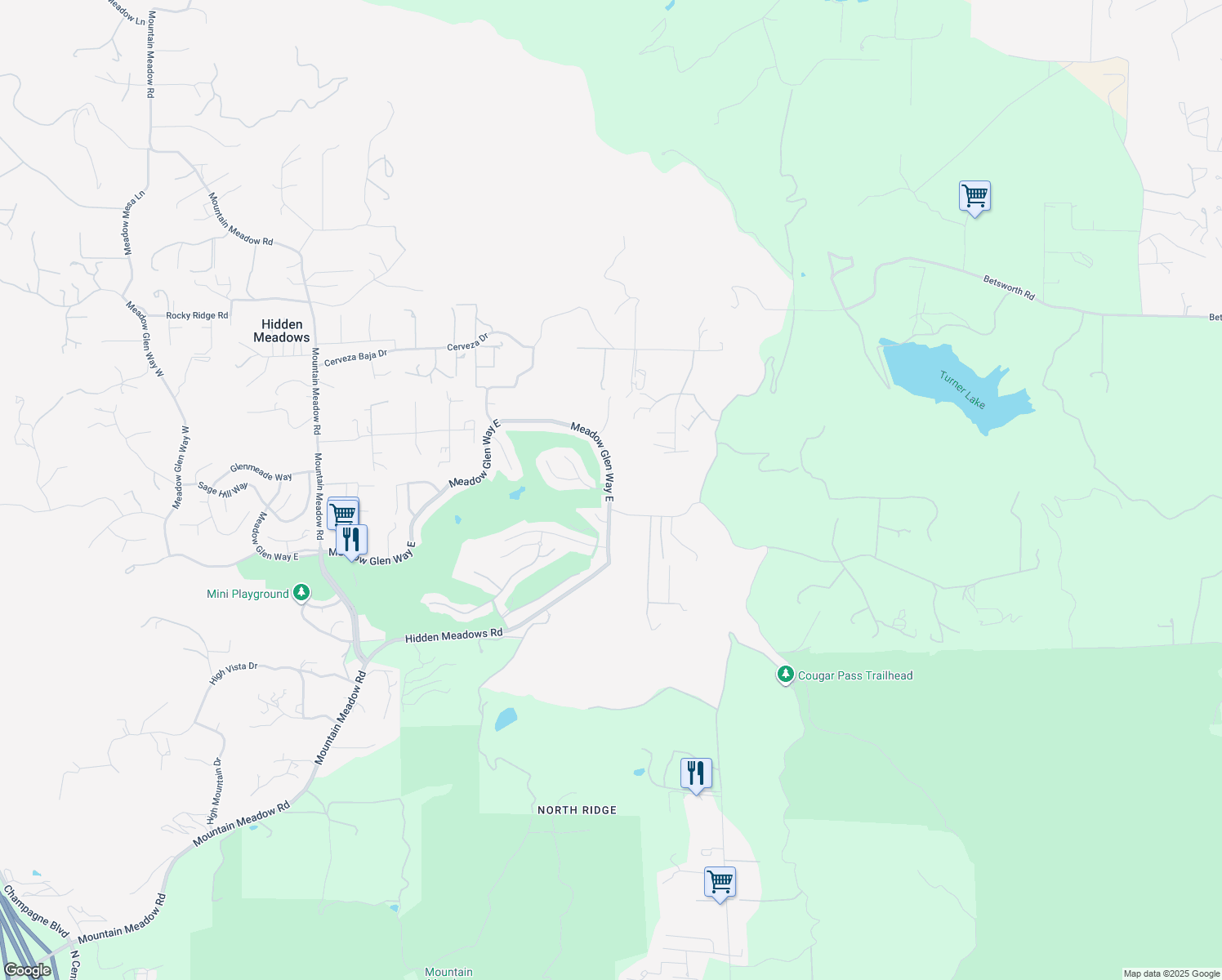 map of restaurants, bars, coffee shops, grocery stores, and more near Meadow Glen Way E & Treeside Ln in Hidden Meadows