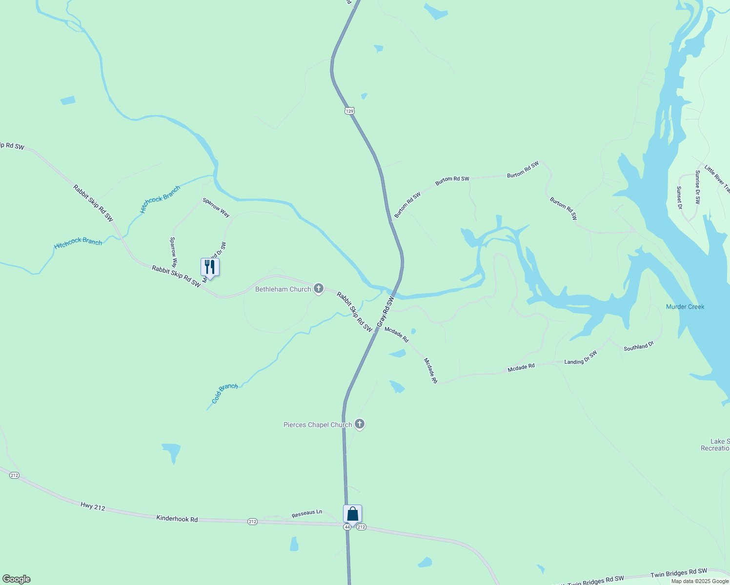 map of restaurants, bars, coffee shops, grocery stores, and more near 567 Rabbit Skip Road Southwest in Eatonton