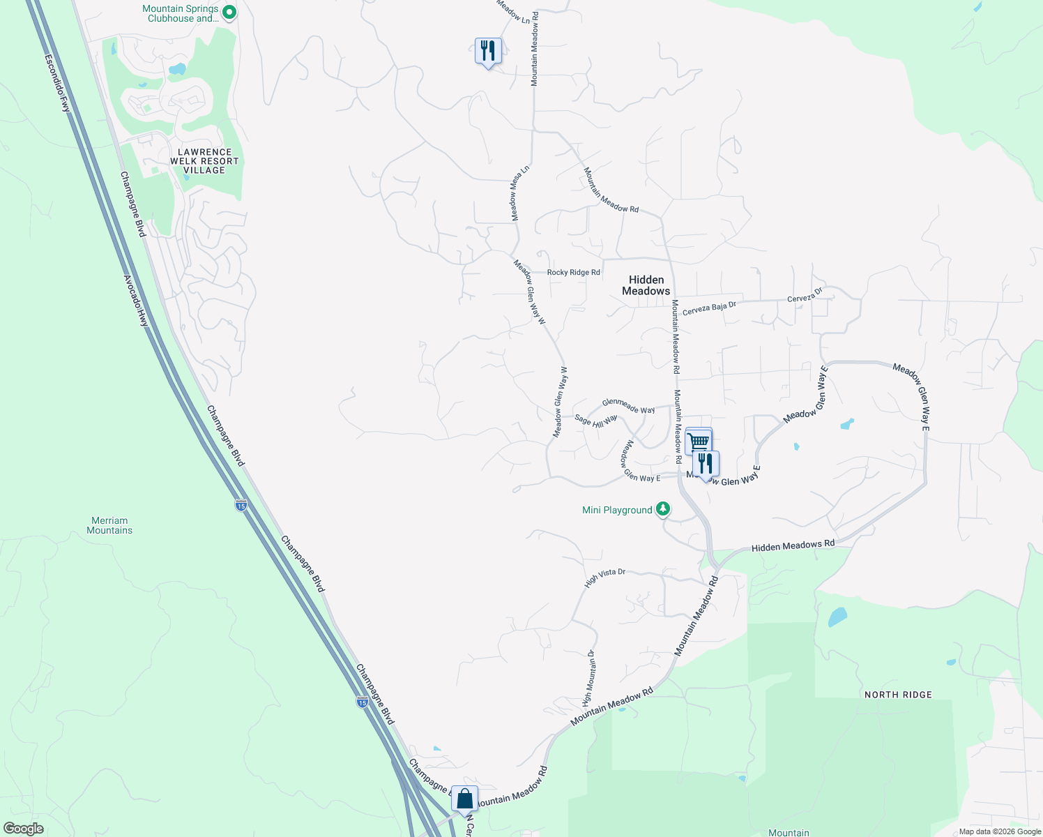 map of restaurants, bars, coffee shops, grocery stores, and more near 28444 Fallen Tree Lane in Escondido