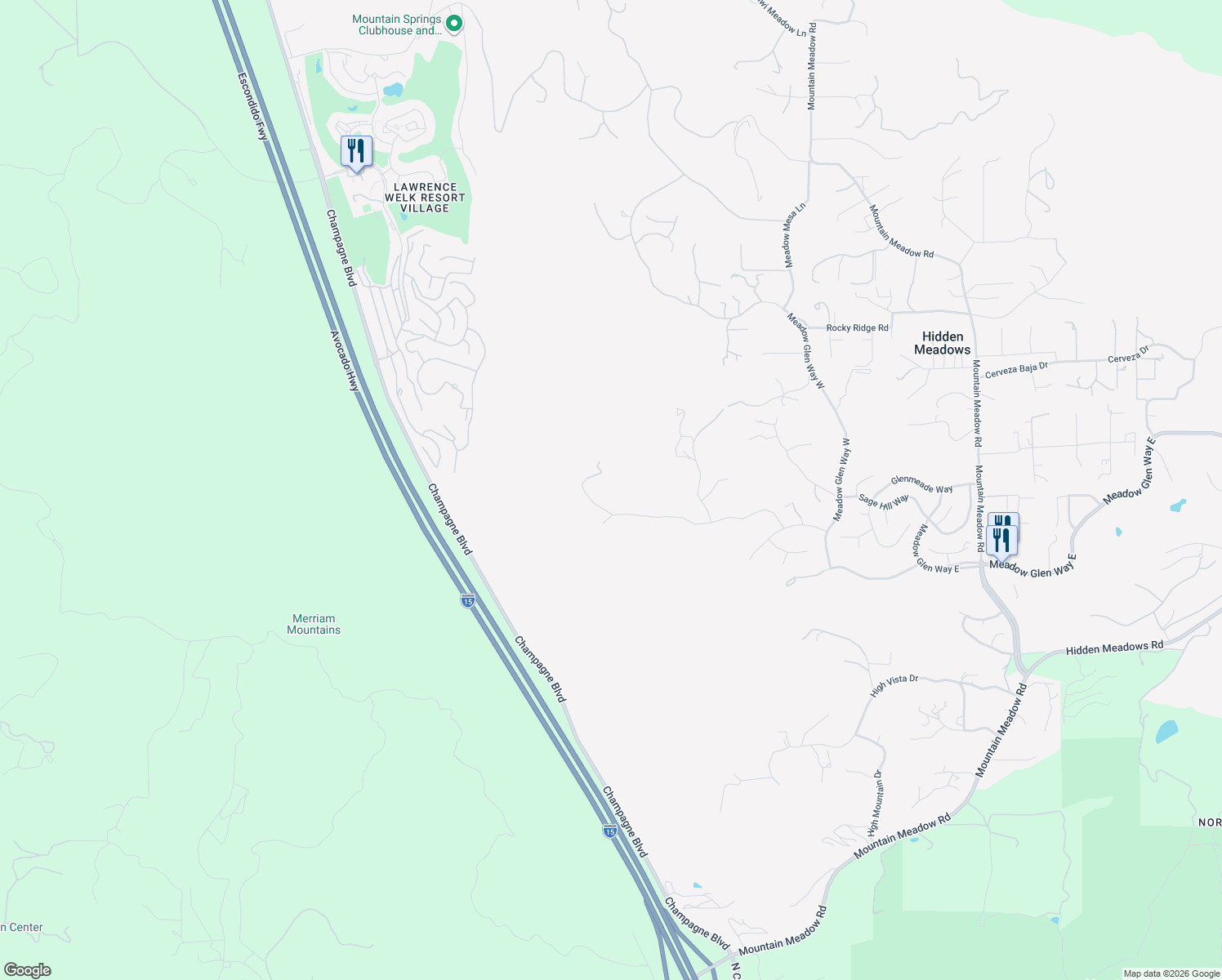 map of restaurants, bars, coffee shops, grocery stores, and more near 28751 Sandhurst Way in Escondido