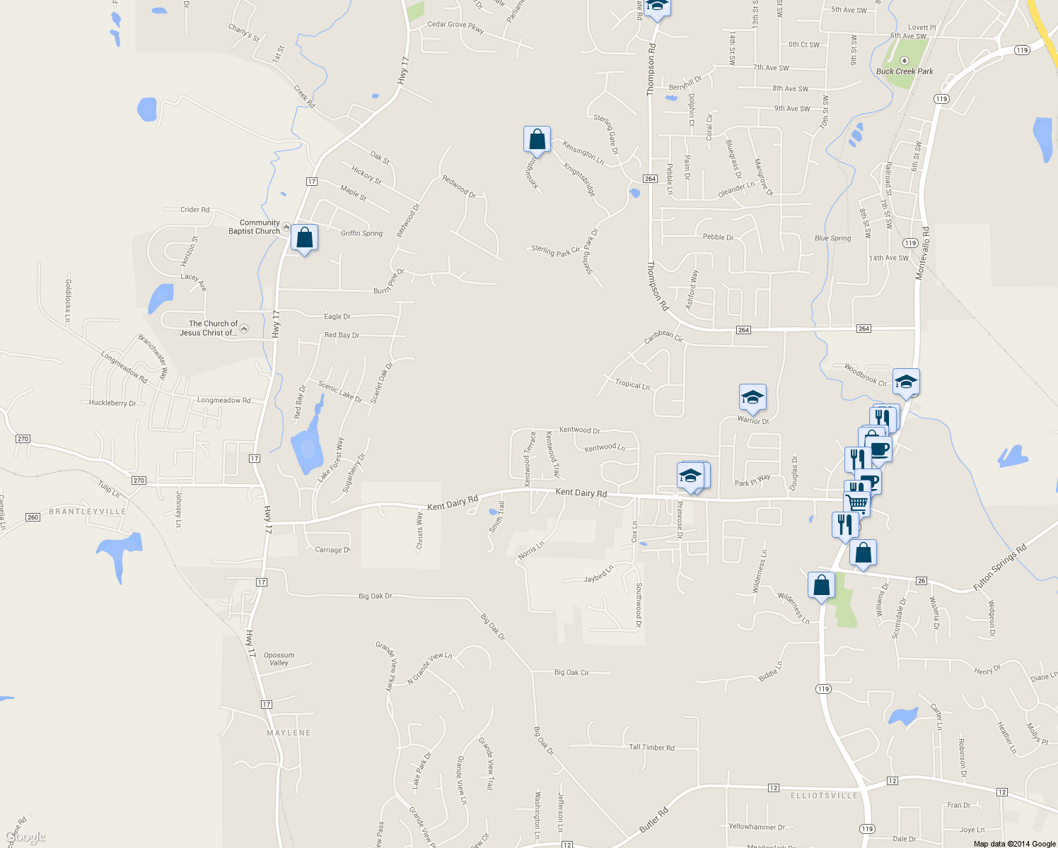 map of restaurants, bars, coffee shops, grocery stores, and more near 228 Kentwood Drive in Alabaster