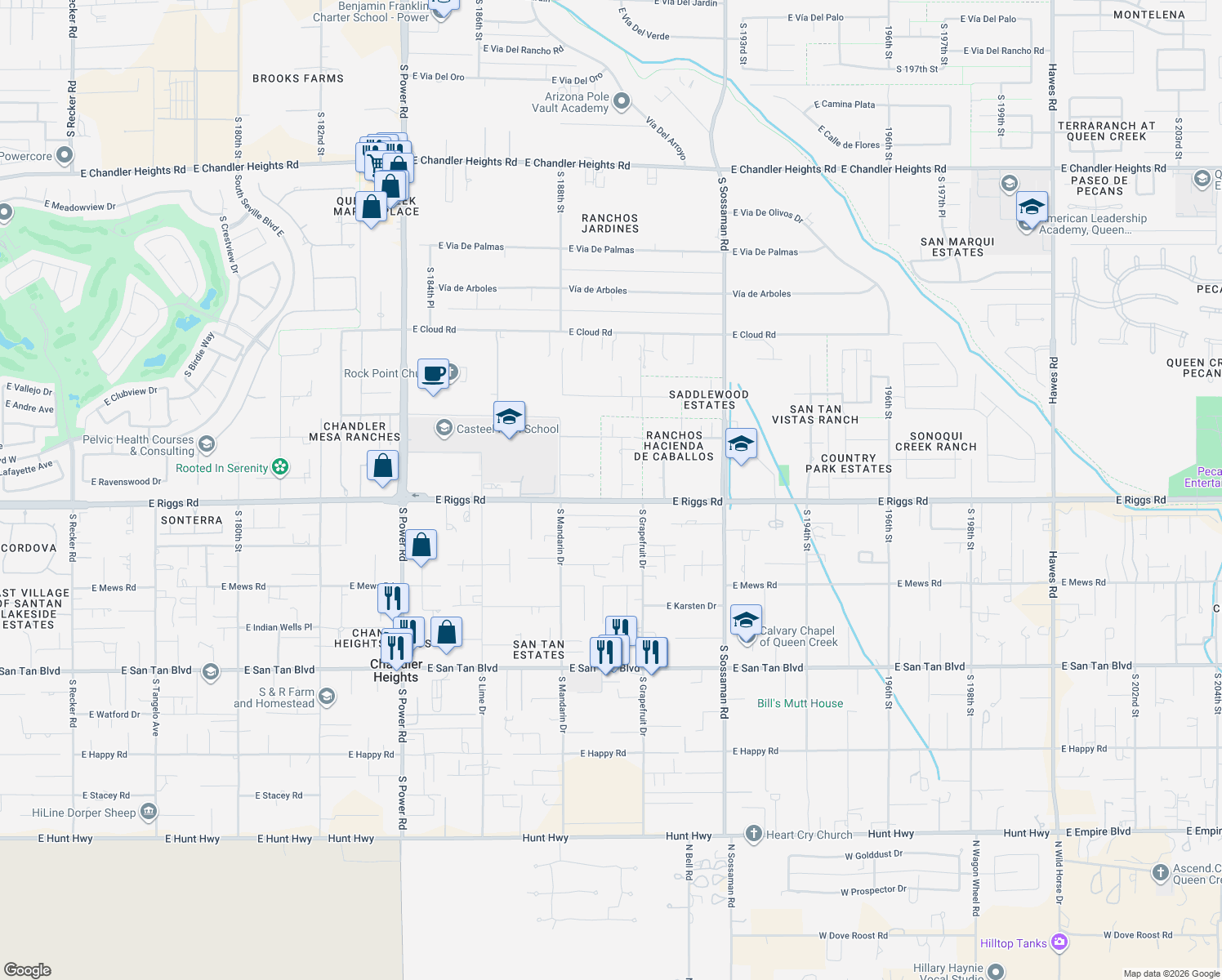 map of restaurants, bars, coffee shops, grocery stores, and more near 25190 S 190th St in Queen Creek