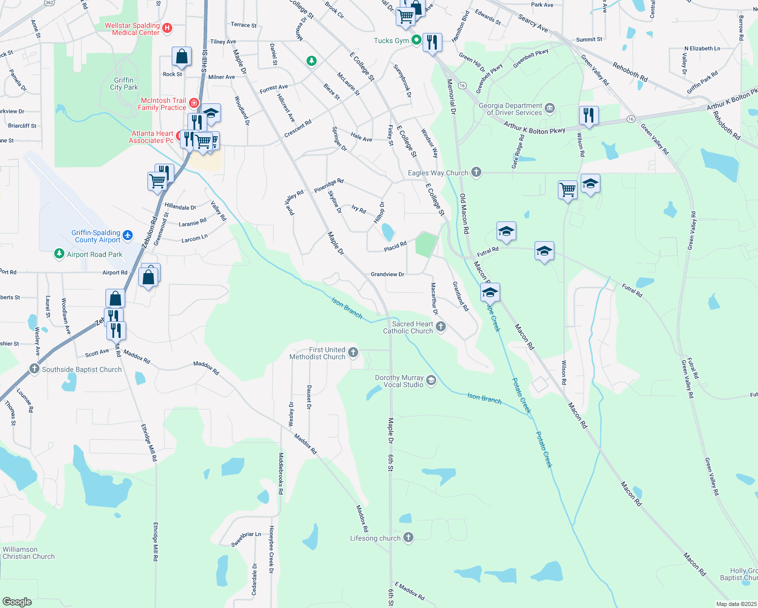 map of restaurants, bars, coffee shops, grocery stores, and more near 1317 Buttermilk Lane in Griffin