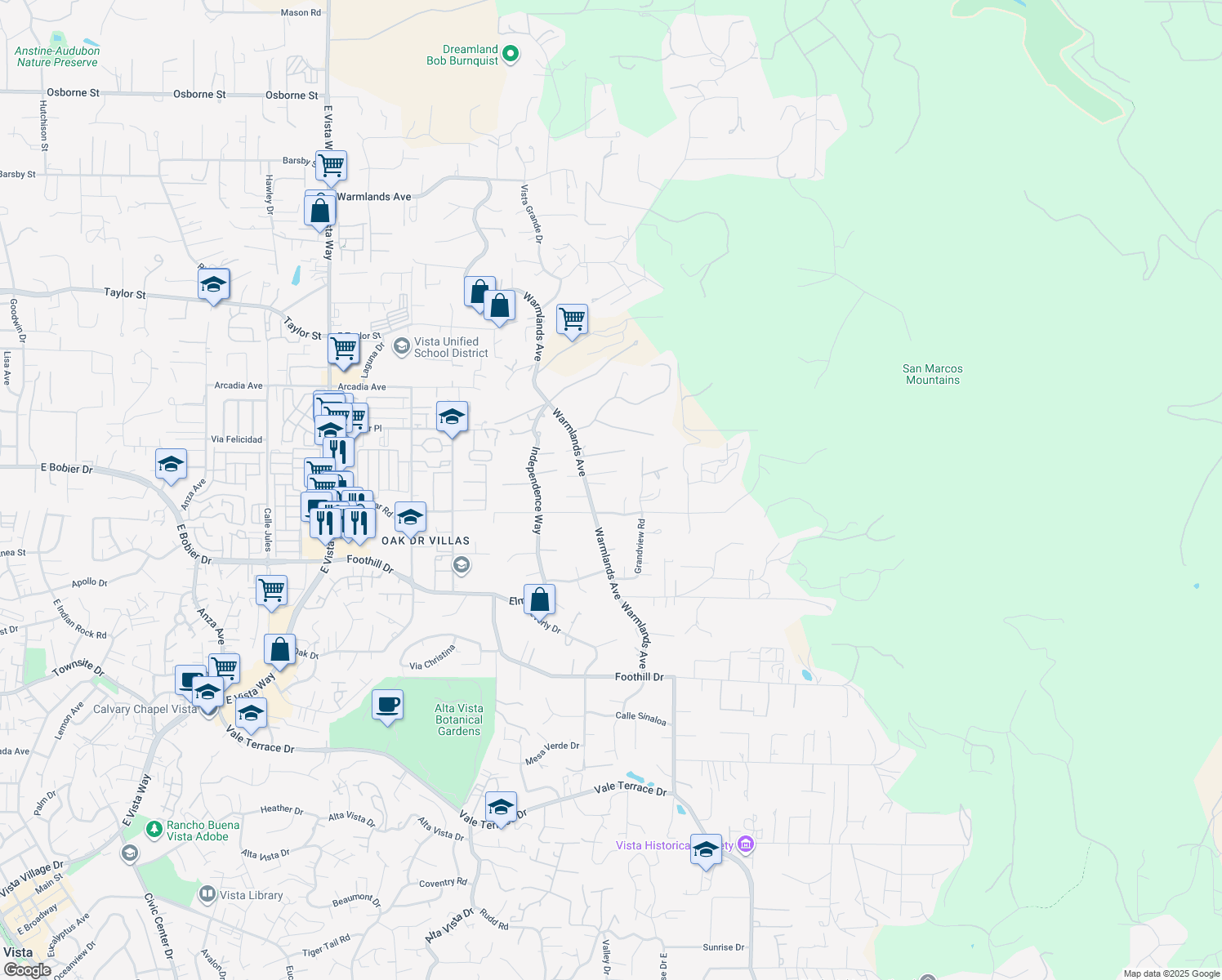 map of restaurants, bars, coffee shops, grocery stores, and more near 1443 Warmlands Avenue in Vista