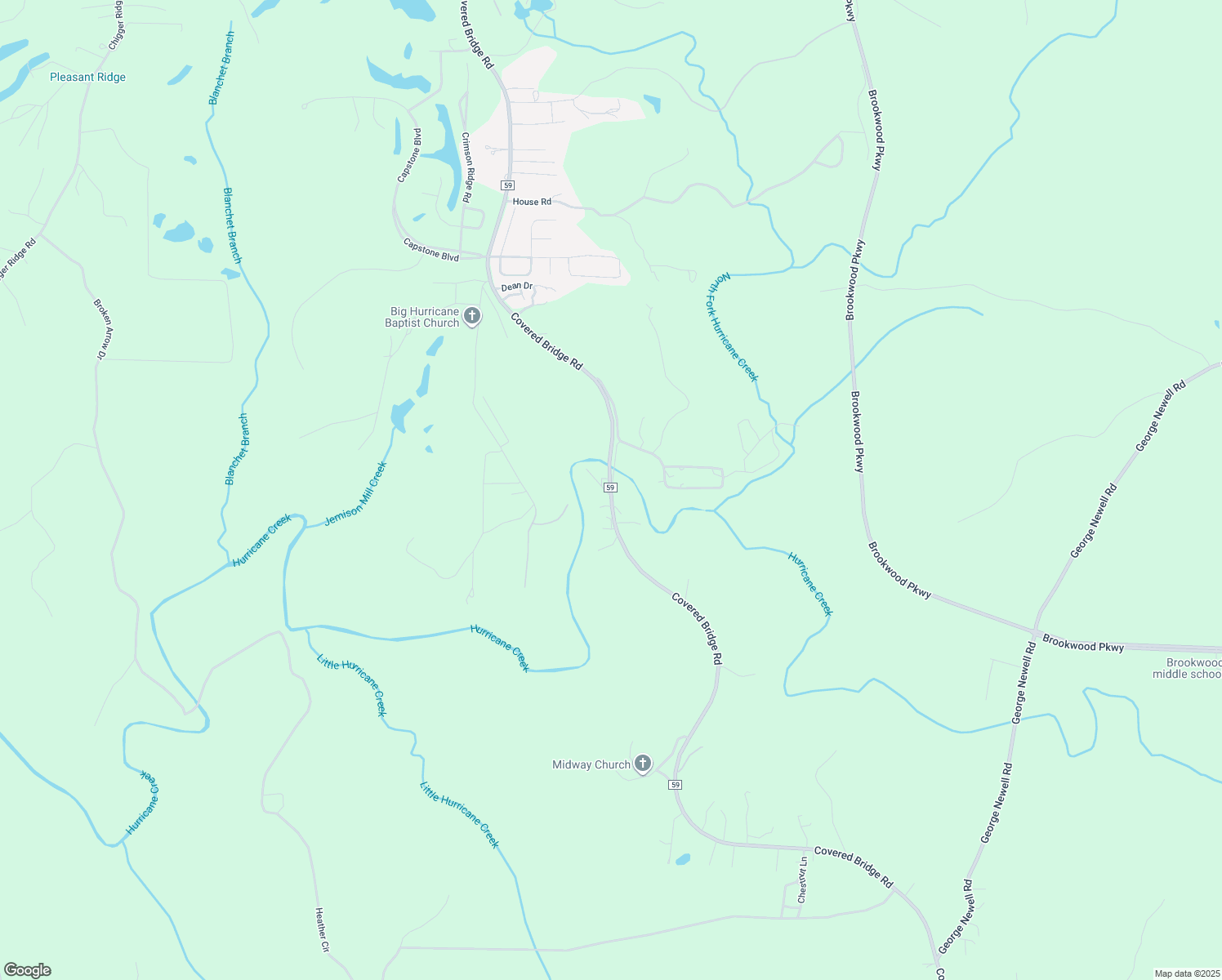 map of restaurants, bars, coffee shops, grocery stores, and more near 12097 Covered Bridge Road in Brookwood