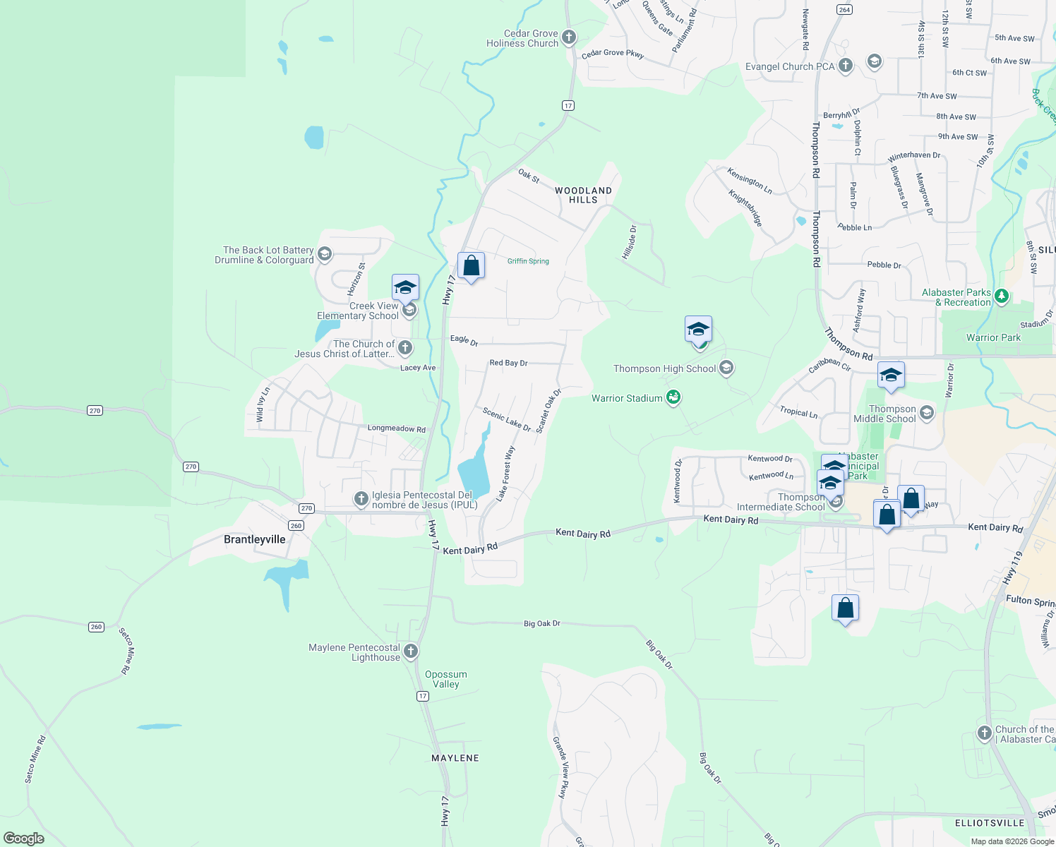 map of restaurants, bars, coffee shops, grocery stores, and more near 200 Lake Forest Way in Alabaster