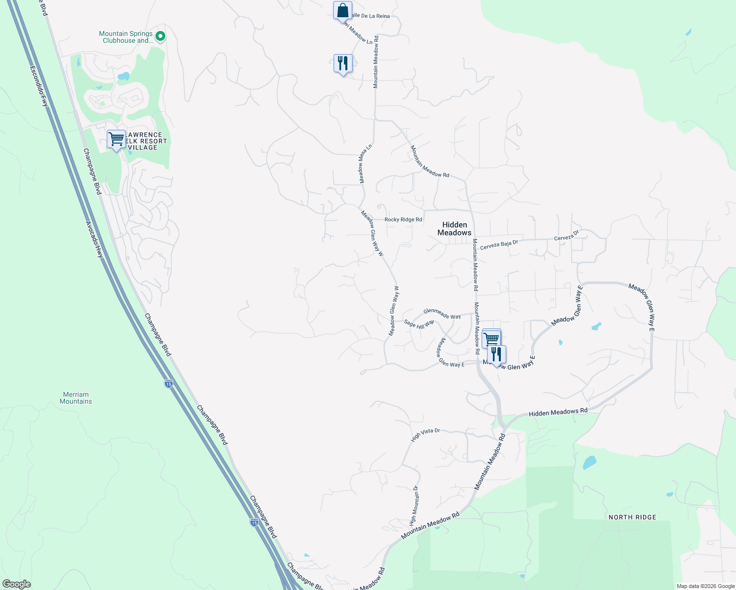 map of restaurants, bars, coffee shops, grocery stores, and more near 28521 Gladstone Court in Escondido