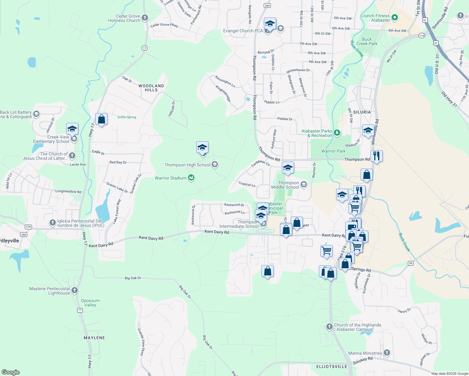map of restaurants, bars, coffee shops, grocery stores, and more near 1633 Caribbean Circle in Alabaster