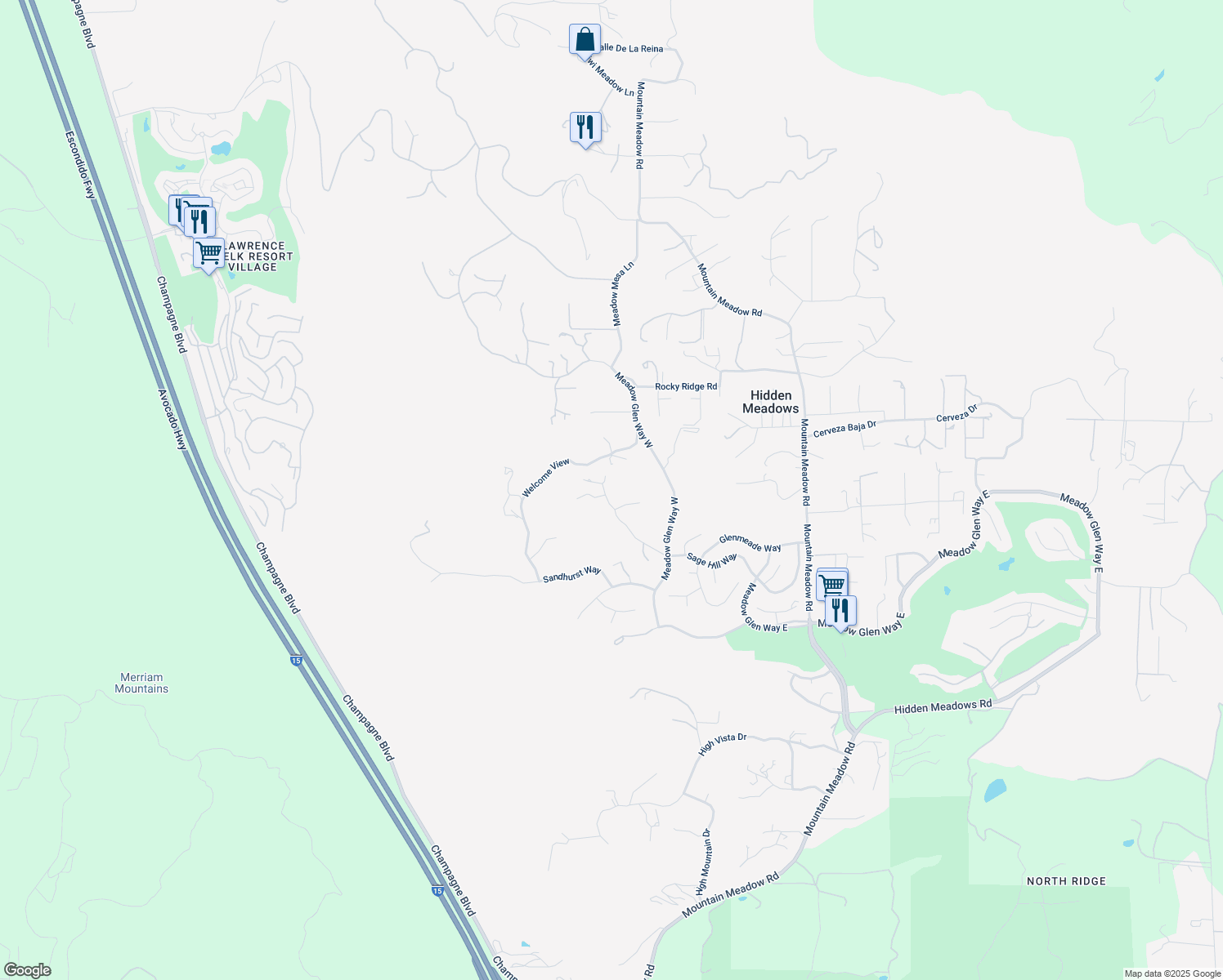 map of restaurants, bars, coffee shops, grocery stores, and more near 9534 Sage Hill Way in Escondido