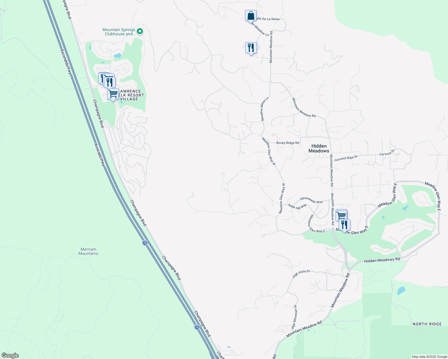 map of restaurants, bars, coffee shops, grocery stores, and more near 28795 Welcome View in Escondido