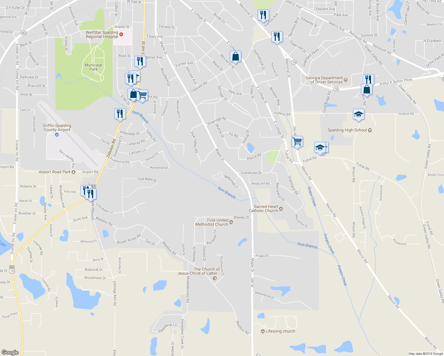 map of restaurants, bars, coffee shops, grocery stores, and more near 1232 Buttermilk Lane in Griffin