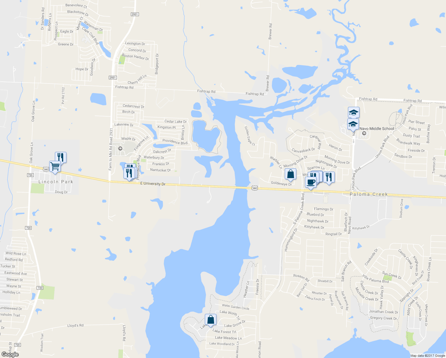 map of restaurants, bars, coffee shops, grocery stores, and more near 26671 U.S. 380 in Aubrey