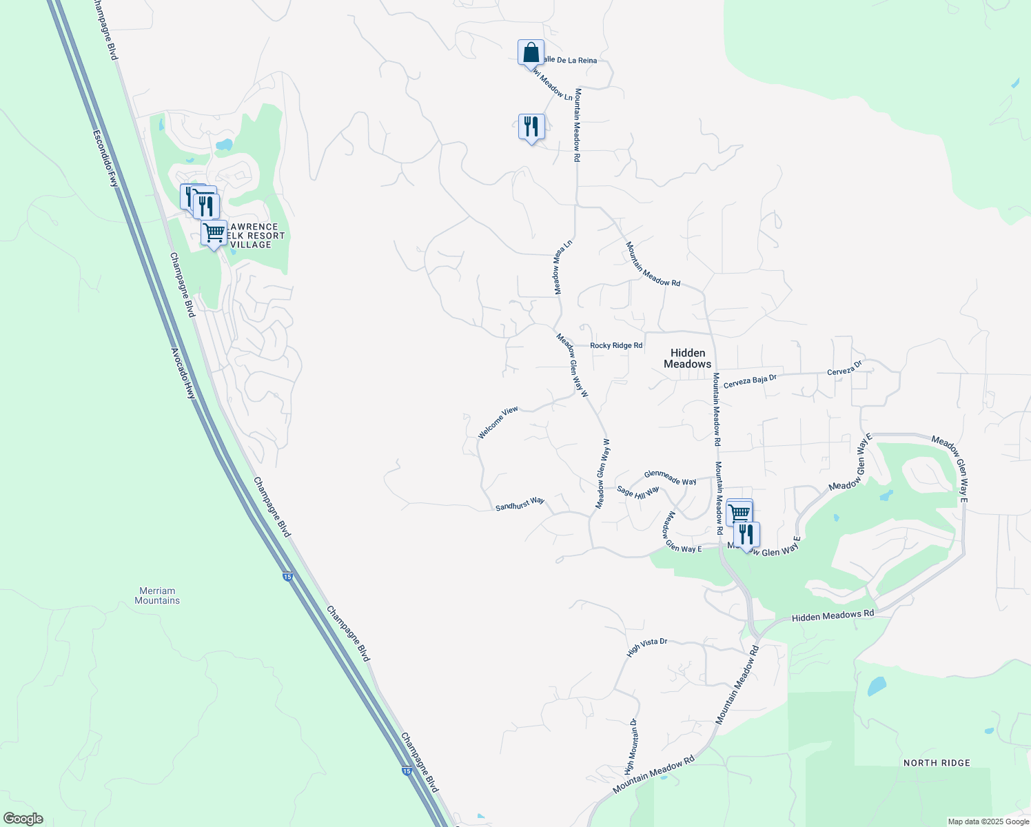 map of restaurants, bars, coffee shops, grocery stores, and more near 13 Sage Hill Way in Escondido