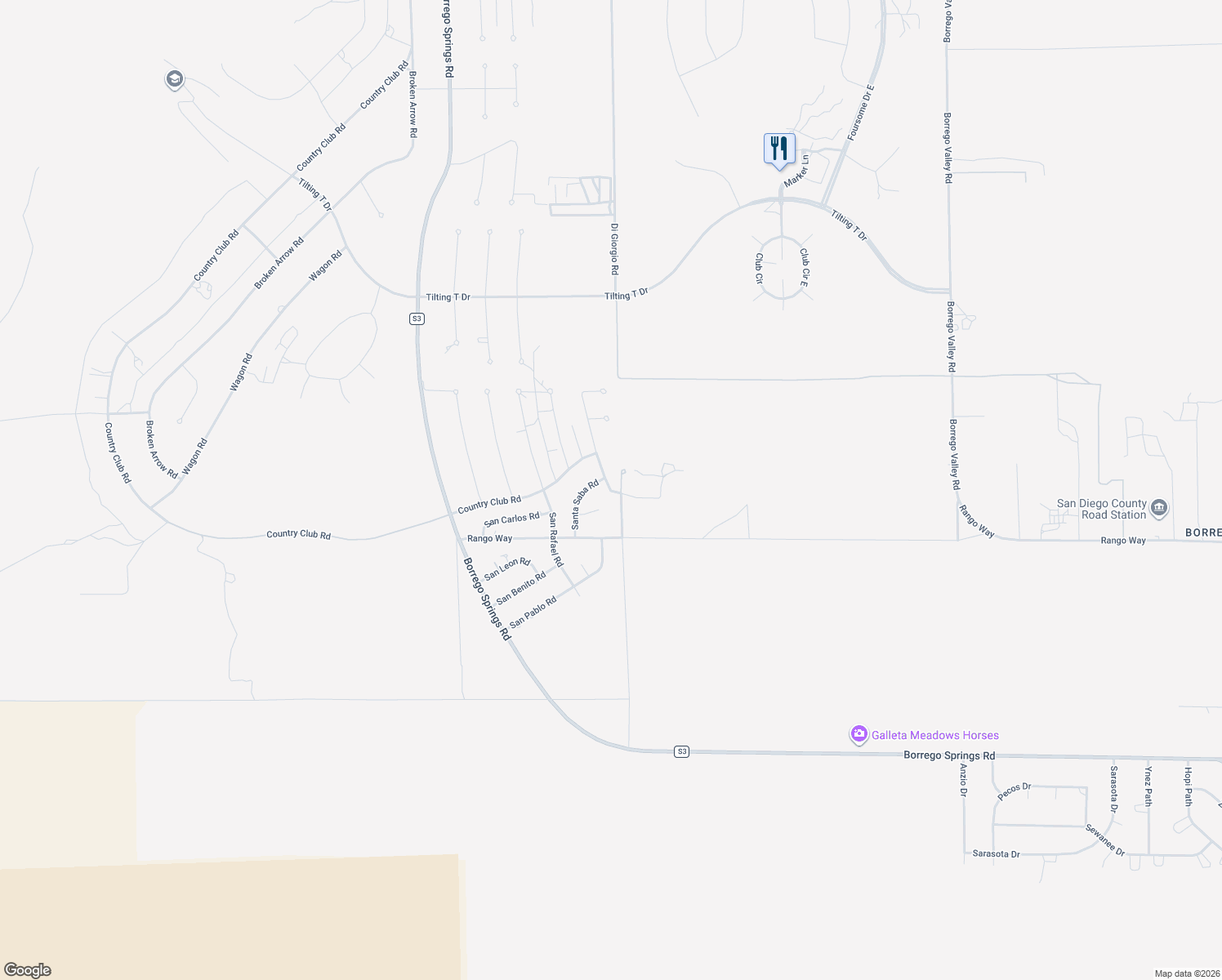 map of restaurants, bars, coffee shops, grocery stores, and more near 3496 Running M Rd in Borrego Springs