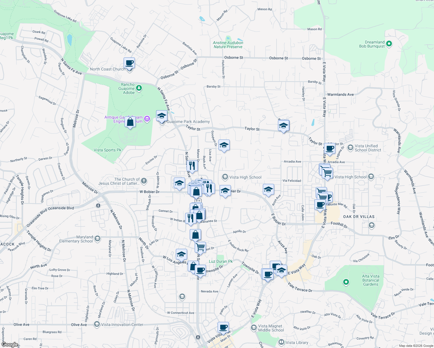map of restaurants, bars, coffee shops, grocery stores, and more near 1 Panther Way in Vista