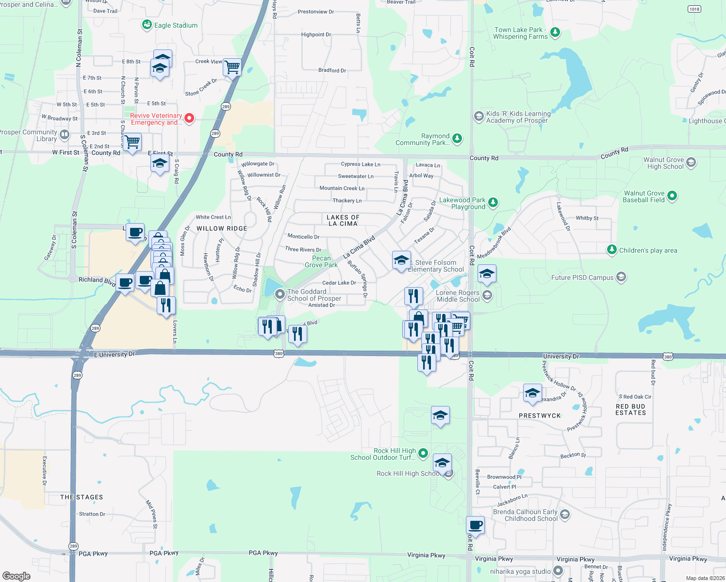 map of restaurants, bars, coffee shops, grocery stores, and more near 1441 Millers Creek Dr in Prosper