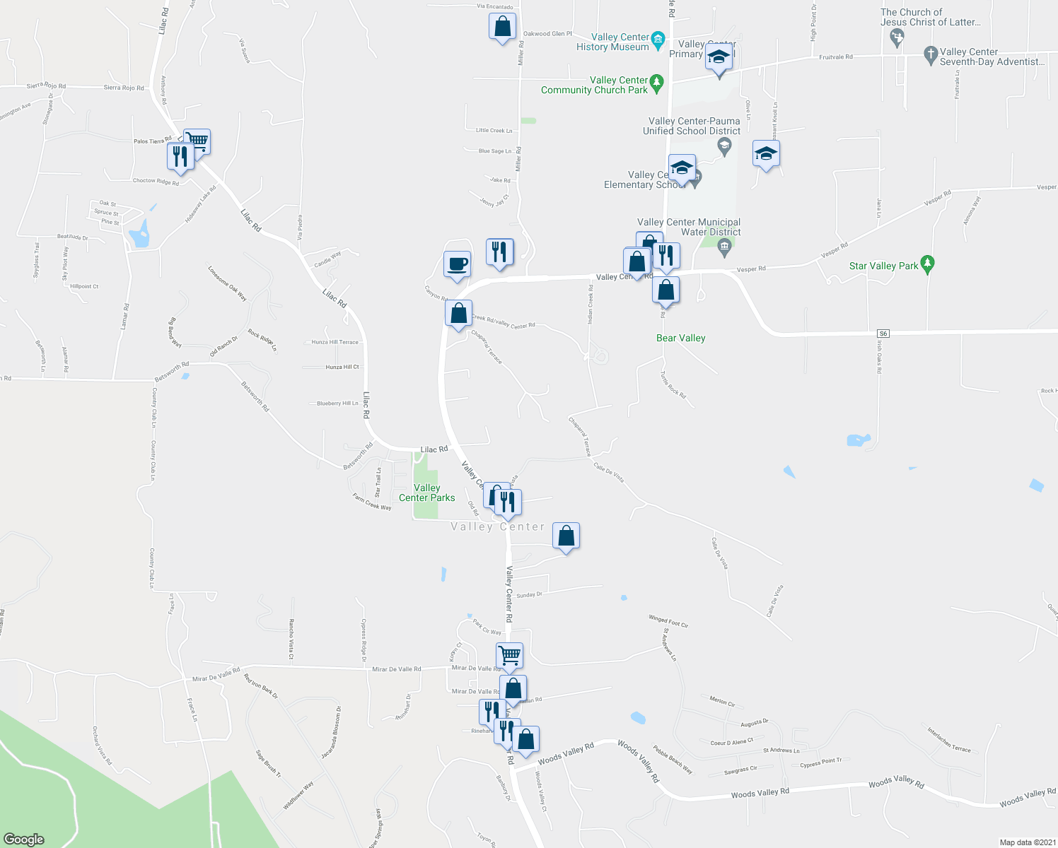 map of restaurants, bars, coffee shops, grocery stores, and more near 28149 Orange Terrace in Valley Center