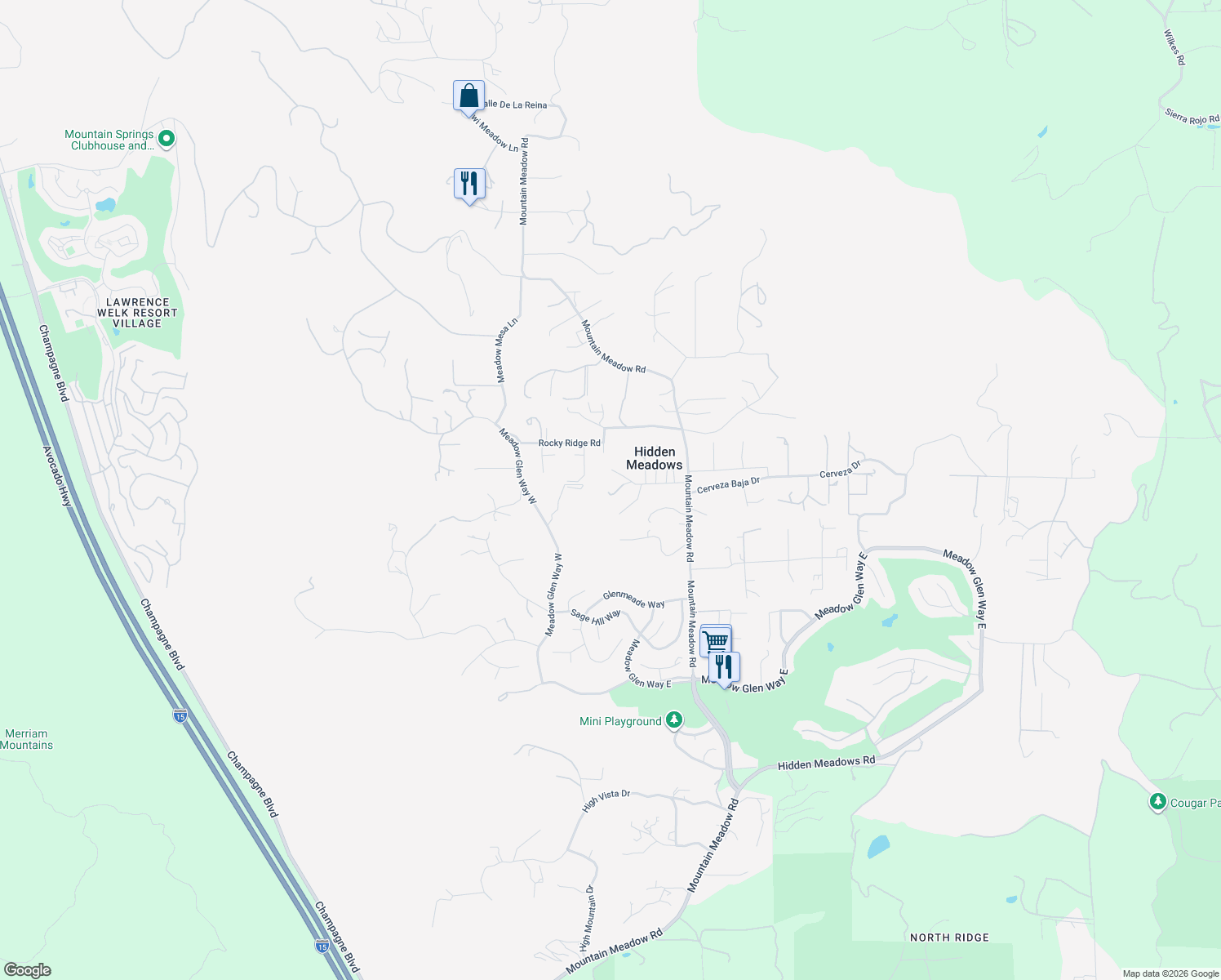 map of restaurants, bars, coffee shops, grocery stores, and more near 10059 Boulder Knolls Drive in Escondido