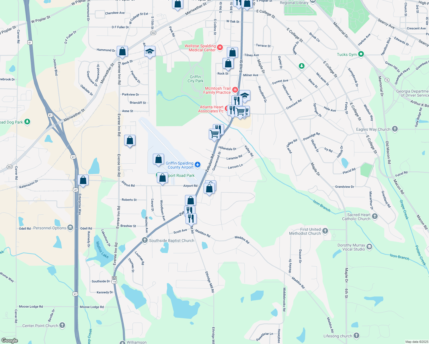 map of restaurants, bars, coffee shops, grocery stores, and more near 201 Pineywood Road in Griffin
