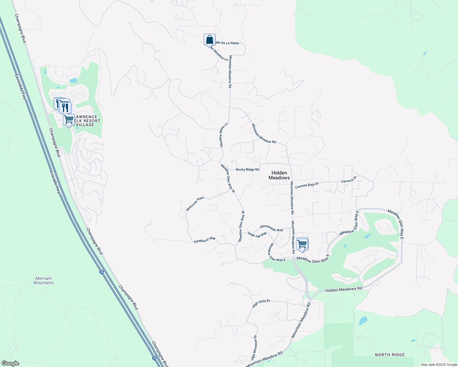 map of restaurants, bars, coffee shops, grocery stores, and more near Meadow Glen Way West in Hidden Meadows