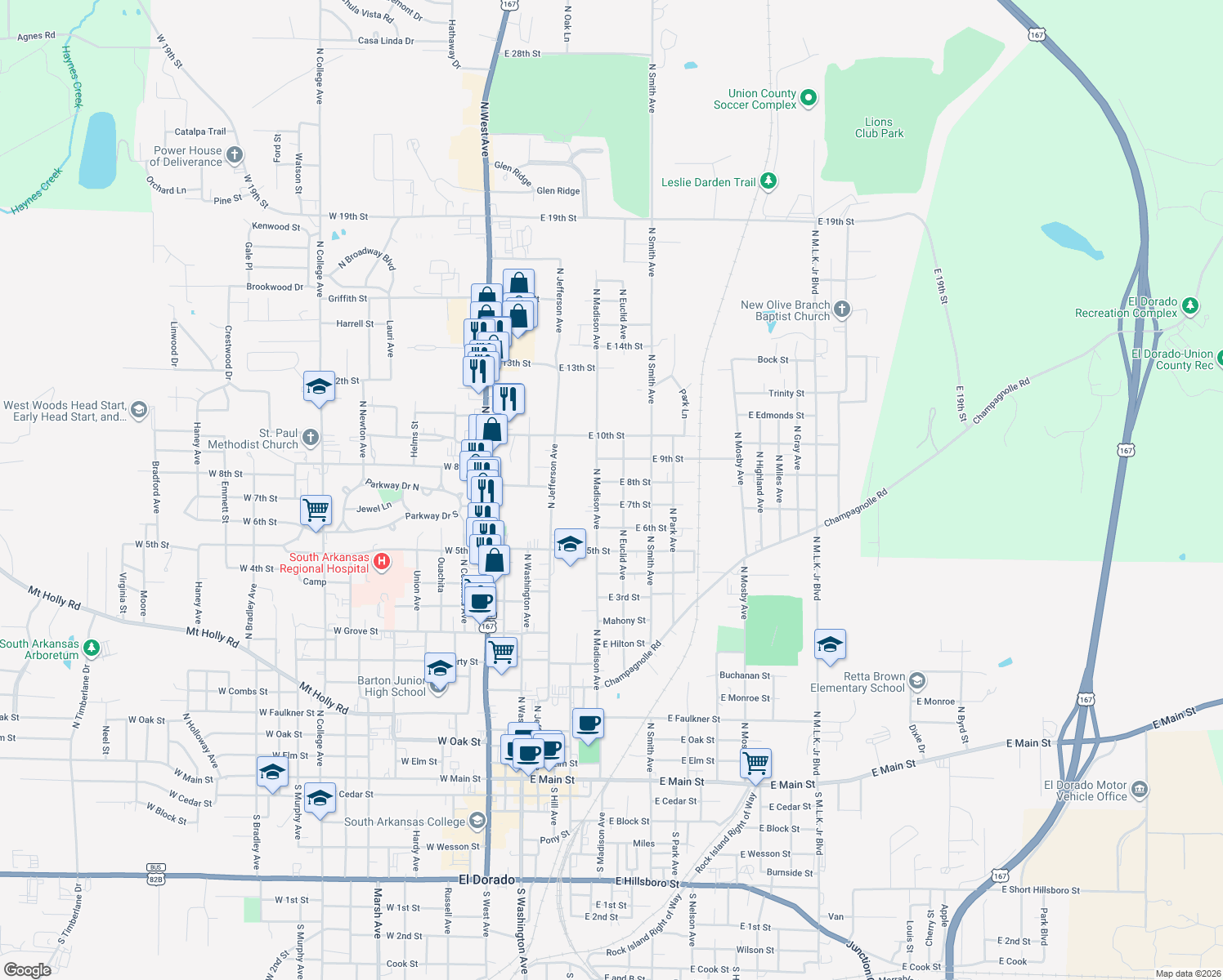 map of restaurants, bars, coffee shops, grocery stores, and more near 598 East 8th Street in El Dorado