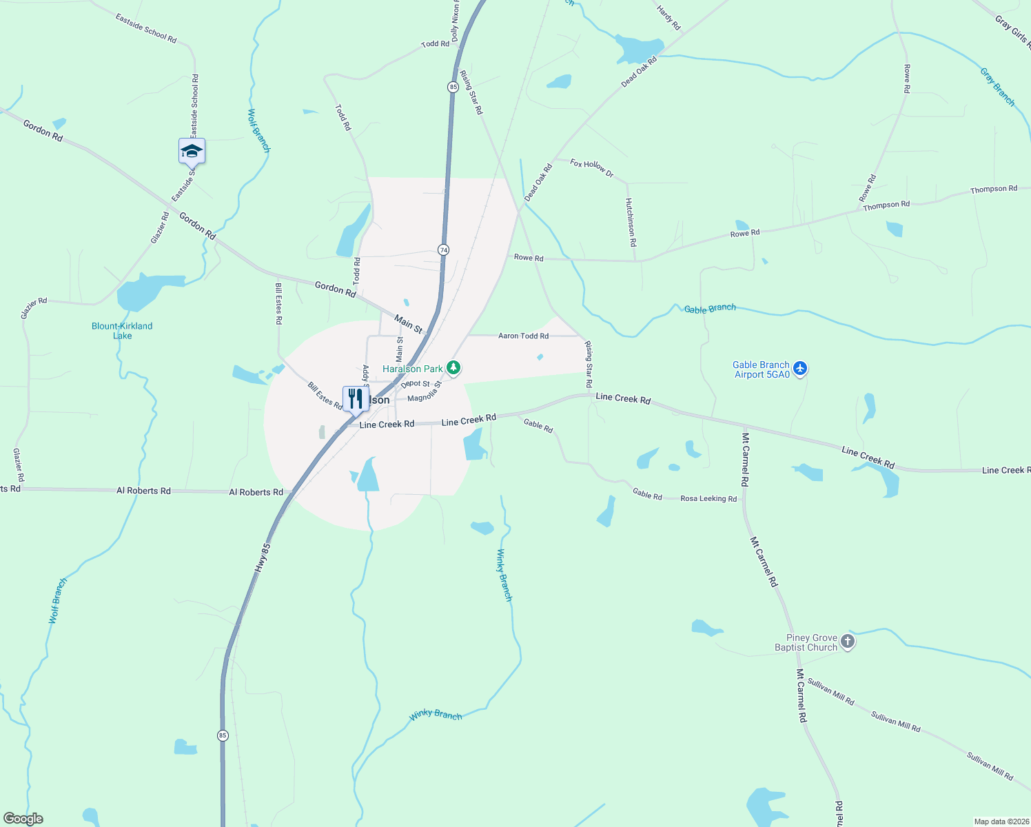 map of restaurants, bars, coffee shops, grocery stores, and more near 303 Line Creek Rd in Senoia