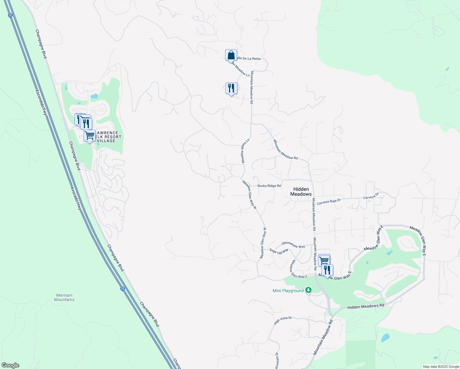 map of restaurants, bars, coffee shops, grocery stores, and more near 29059 Meadow Glen Way West in Escondido