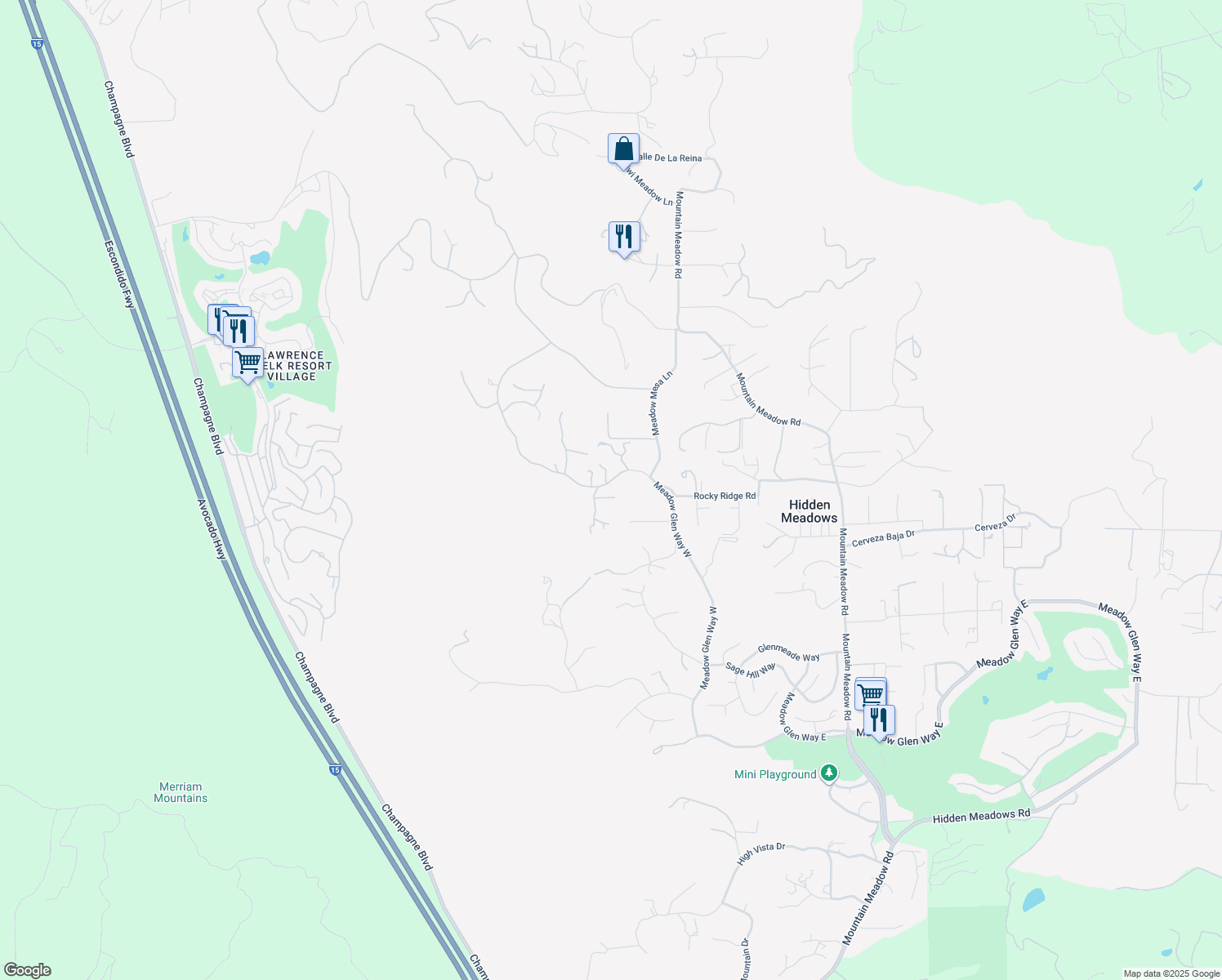 map of restaurants, bars, coffee shops, grocery stores, and more near 29059 Meadow Glen Way West in Escondido