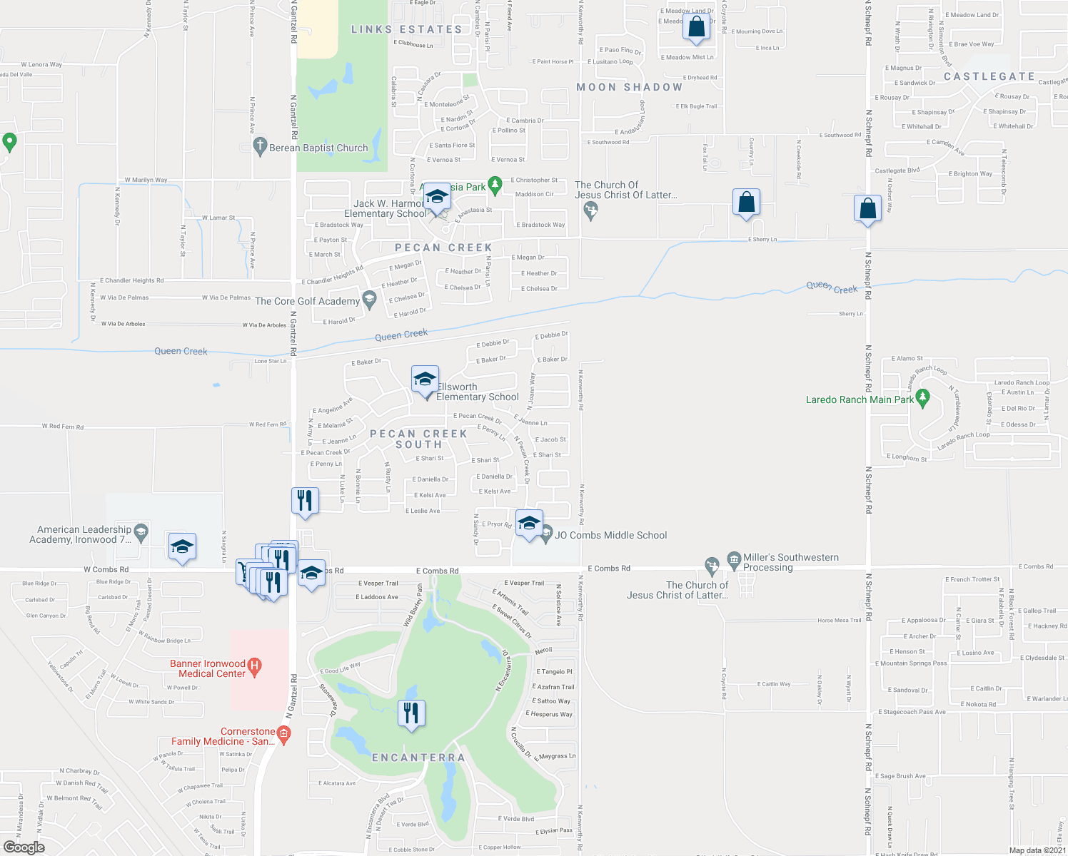 map of restaurants, bars, coffee shops, grocery stores, and more near 1585 E Jeanne Ln in Queen Creek